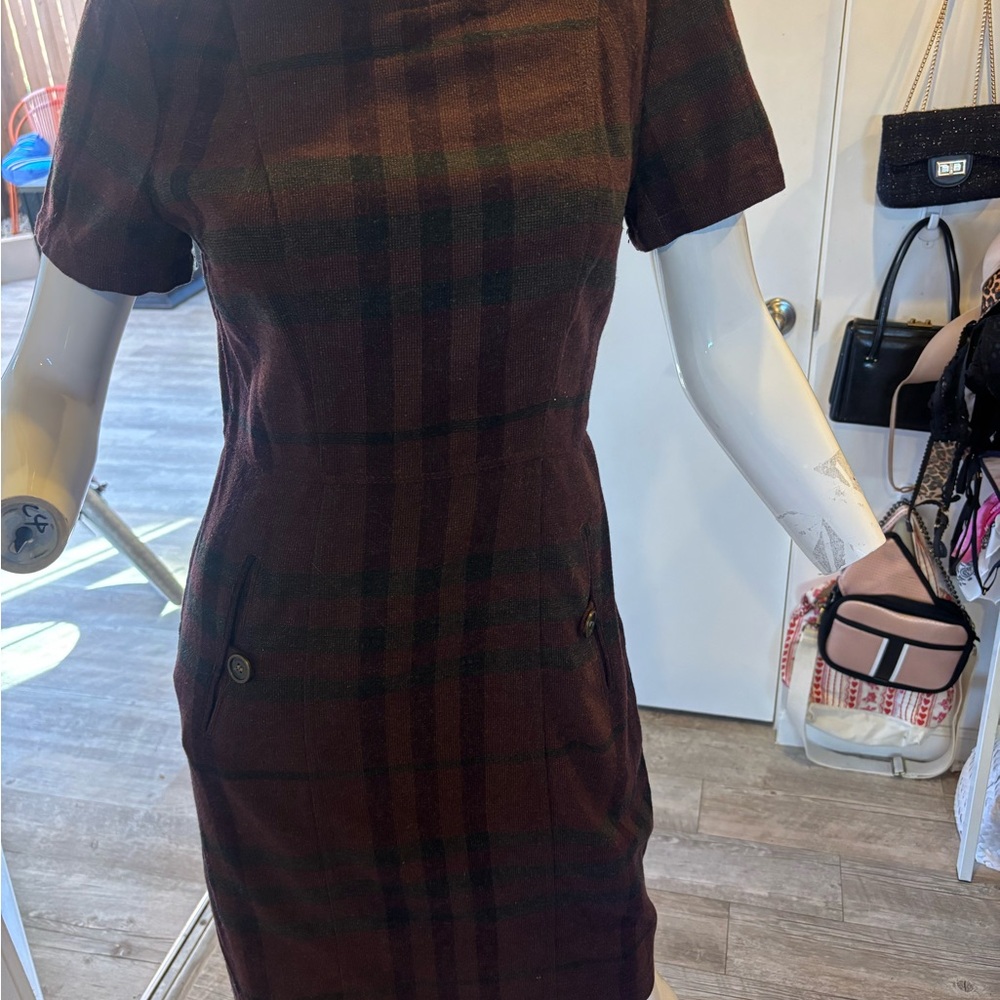 Burberry Dark Brown & Green Plaid Short Sleeve Mini Dress